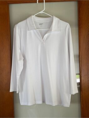 Land’s End johnny collar top polo collar white cotton-rich size L